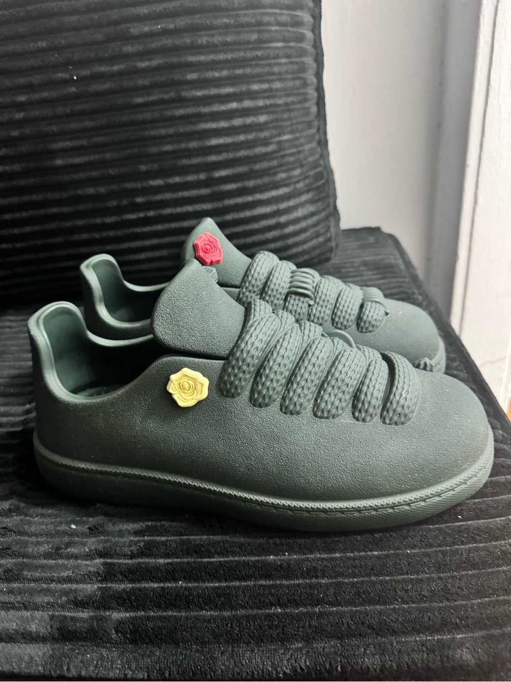 Burberry Olive Green Athletic Sneakers with Red and Yellow Rose Accents